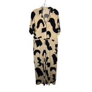 Monki Abstract Brushstroke Print Short Sleeve Jumpsuit Cream Oversized Medium